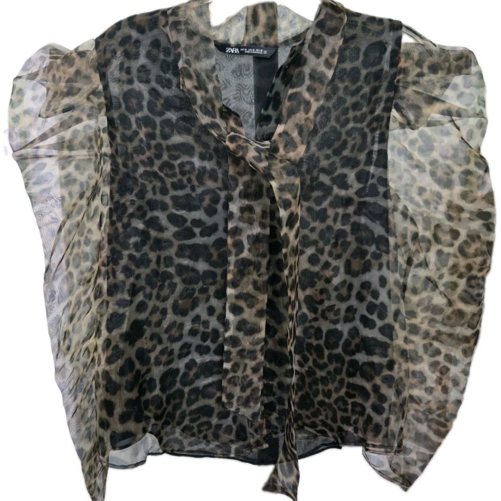 Zara Leopard Print Sheer Blouse Tie Neck Puff Sleeve Brown Black Medium